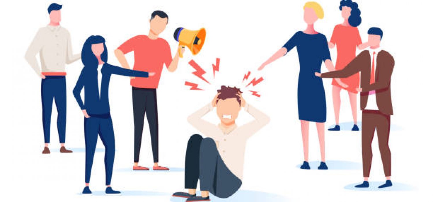 Vector illustration, the problem of bullying, a man sits on the floor surrounded by people mocking him. Bully in the school problem. Harassment social problem, Sad teenage boy sitting on floor.